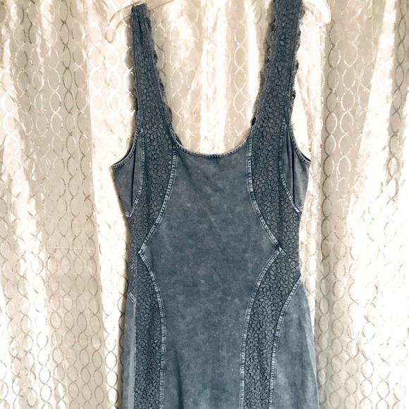 Free People BodyCon Tank Dress Blue/Grey w/ Lace Inlay Stone Wash Cotton/Spandex - Picture 6 of 14